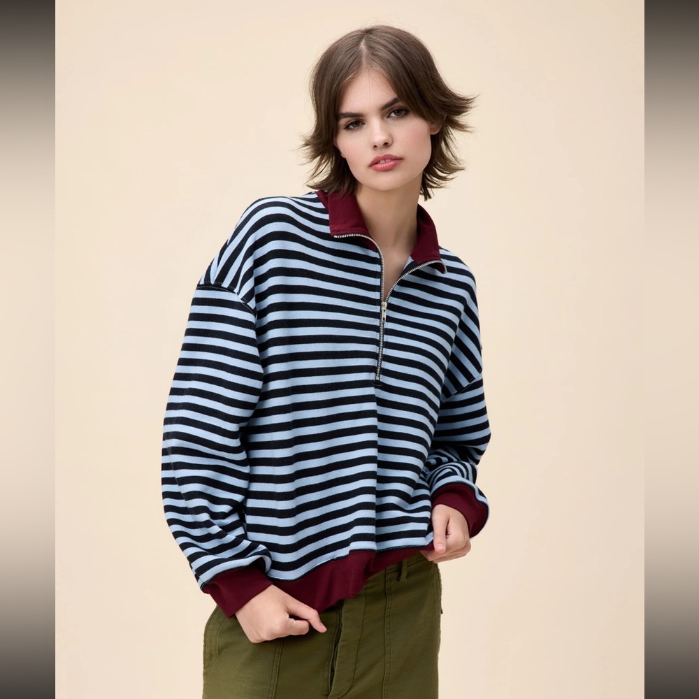 Daydreamer LA Striped Half Zip Sweatshirt blue burgundy Sz large nwt